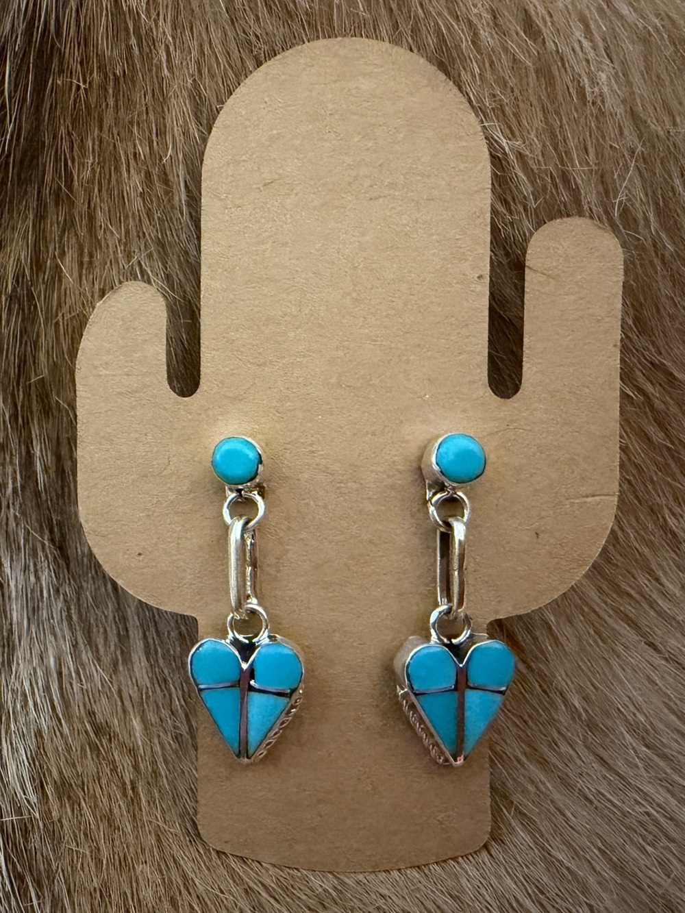 ❤️ Navajo Signed Velda Nastacio Kingman Turquoise Zuni Inlaid Sterling Earrings